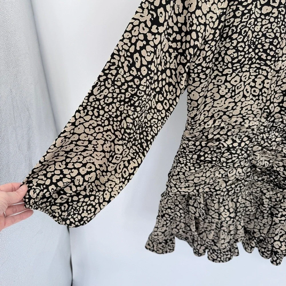 Skies Are Blue Leopard Print Ruched Tiered Ruffle Mini Dress Tan‎ Black 98546